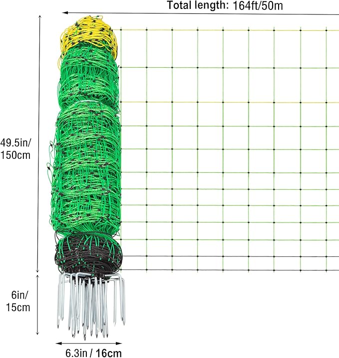 TMEE Electric Fence Netting Livestock Fencing for Goat with 14 Posts Double Spiked, Portable Mesh for Sheep, Deer, Hogs, Dogs in Backyards, Farms and Ranches, 49.6" H x 164' L, Green