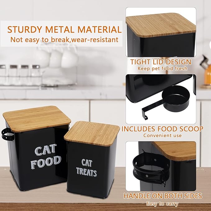 Pethiy Cat Food and Treats Containers Set with Scoop for Cats or Dogs -Tight Fitting Wood Lids - Coated Carbon Steel - Storage Canister Tins-Cat-Black