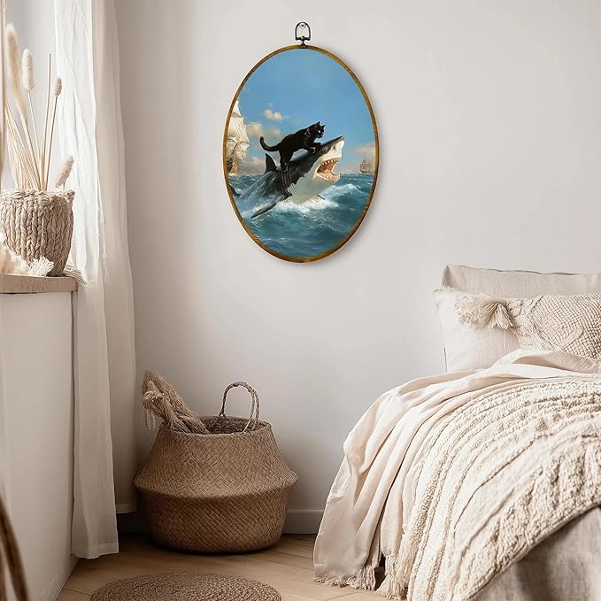 zewepri Cat Biting Shark Painting – 8.6×11.4 inches, high-density canvas, funny wall art, with pre-installed hook for easy hanging, ideal for bedroom, living room, study, and a gift for art lovers.