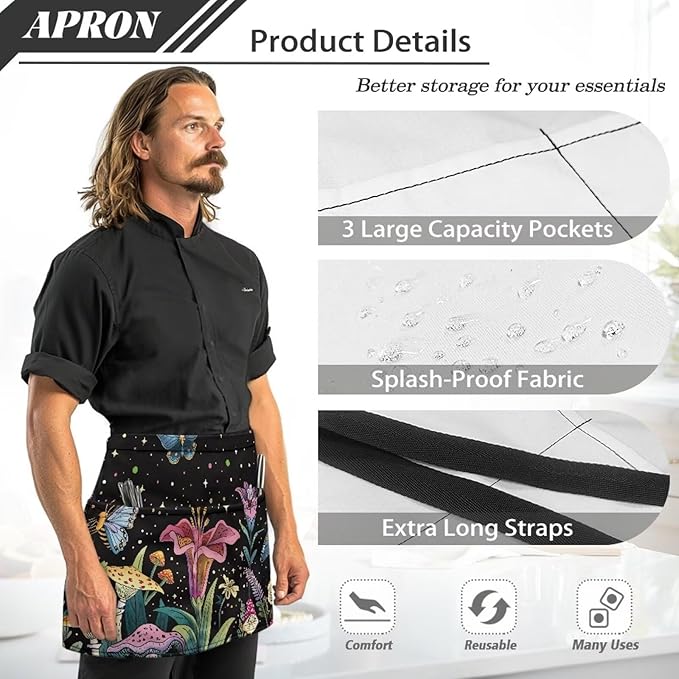 Waistress Apron with Pockets Coffee Waiter Apron Long String Chef Half Aprons for Cooking Kitchen Hairdresser