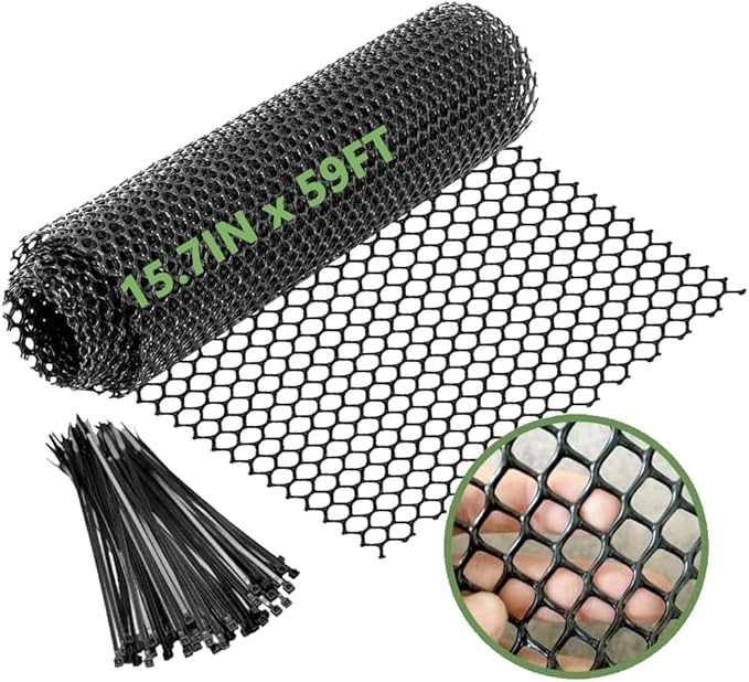15.7IN x 59FT Plastic Wire Mesh Fence,Plastic Chicken Wire Mesh Fencin with 200pcs Twist Ties,Black Netting Snake Barrier for Poultry, Dogs,Rabbit Gardening Plant Protectors