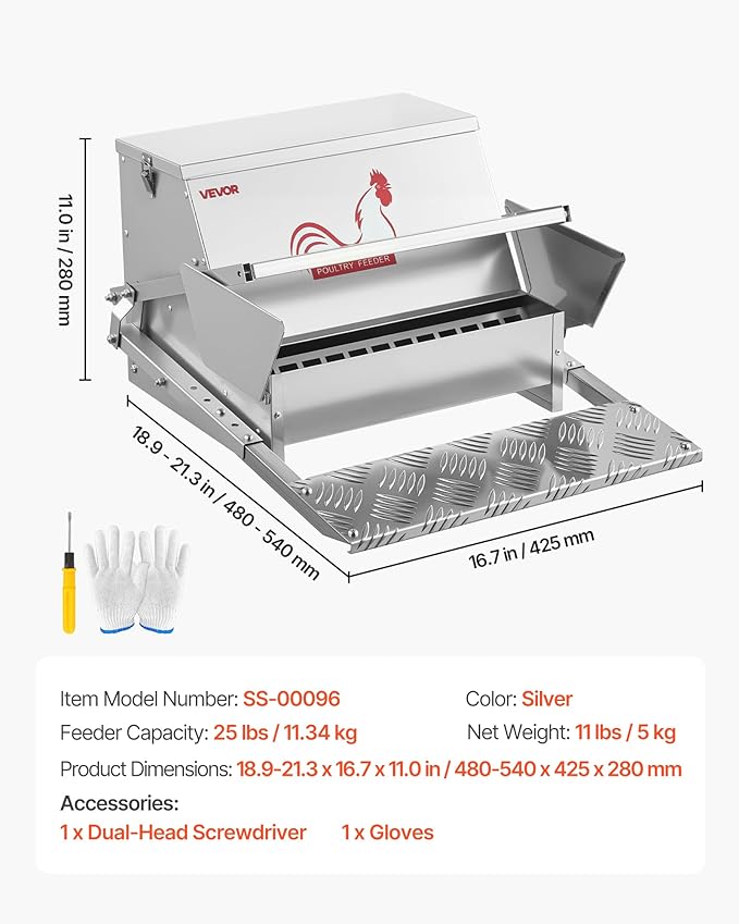 VEVOR Automatic Chicken Feeder, 25 lbs Capacity, Rainproof Treadle Poultry Feeder with Lockable Lid, No Waste, Galvanized Steel Construction, Outdoor Use, for Chicken, Bantams, Poultry, Pheasants