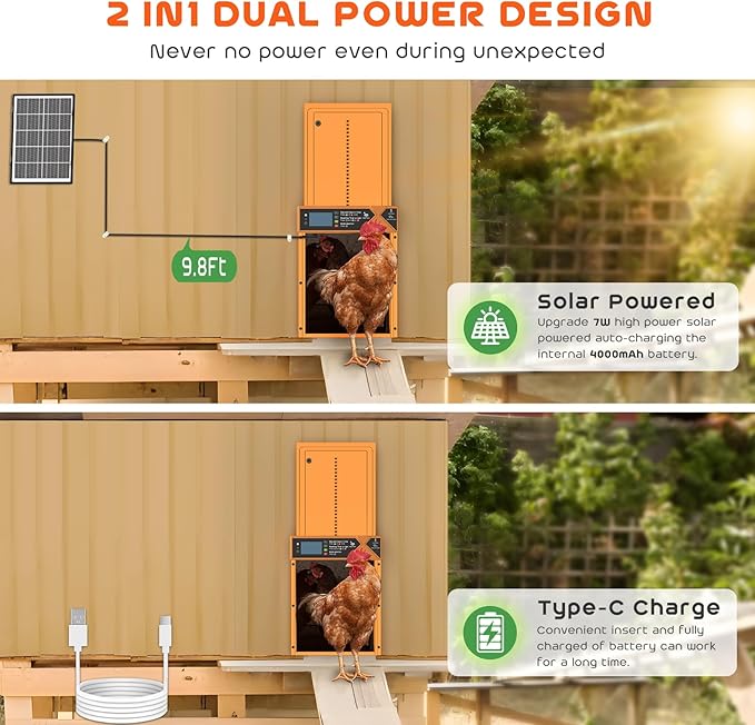 Large Automatic Chicken Coop Door, 4000mAh High Capacity Chicken Coop Door 7W Solar Powered with Timer & Light Sensor, Anti-Pinch Auto-Aluminum Chicken Door with Wire Clip & Remote Control-Orange