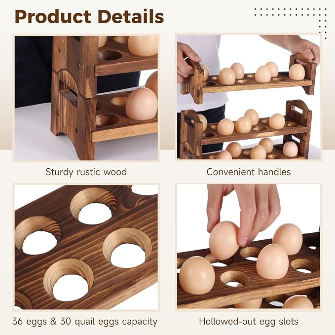 3 Tier Stackable Egg Rack, Wooden Countertop Egg Holder Holds 36 Eggs, Dark Brown Fresh Eggs Organizer, Stackable Quail Egg Sorter Storage Trays for Duck, Turkey, Chicken Egg