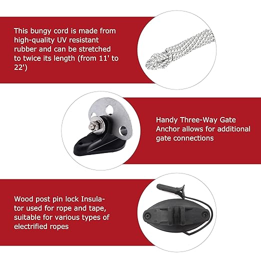 Electric Fence Bungy Gate Kit, Electrified Bungee Gate Handle with Elasticized Rope for Livestock, Insulators Temporary System, Easy Installation