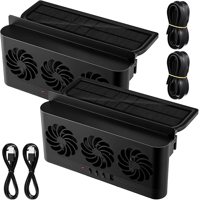 2 Pack Solar Powered Car Exhaust Fan 3 Fans Car Window Air Vent Radiator Solar Energy Cooling Vent Exhaust for General Types(Solar & Battery & USB 3 Fans,Black)