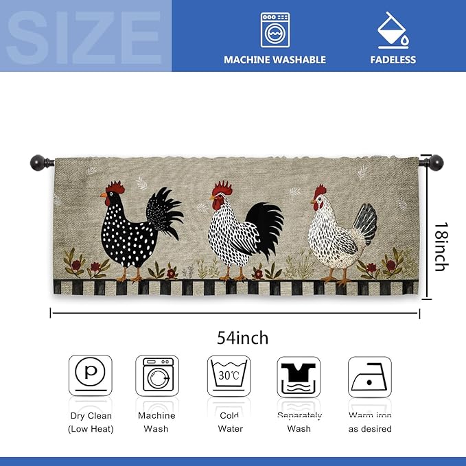 Rooster Chicken Kitchen Curtain Valance 54W x 18L Inch Farmhouse Rustic Country Rural Rod Pocket Short Cafe Small Window Treatment Drapes Decor