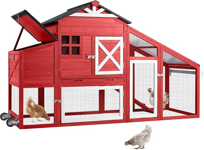 Large Chicken Coop for Outdoor with Nest Box and Removable Tray, Hen House Waterproof for 2-6 Chickens, Outdoor Poultry Cage with Wheels - Red
