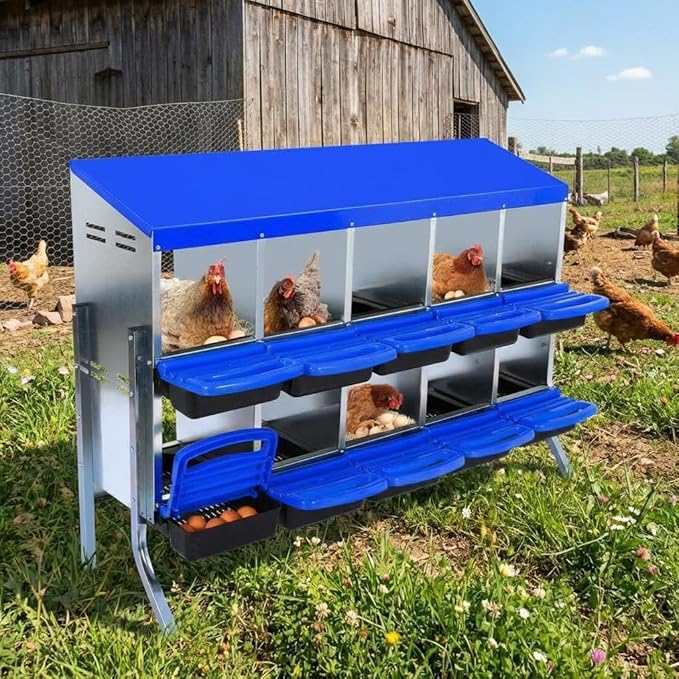 Chicken Nesting Box 10-Hole Roll Away Egg Laying Box with Lid & Stand, Galvanized Steel Rustproof Poultry Coop Box, Easy Clean, Wall Mountable No Bracket Needed for Hens, Blue