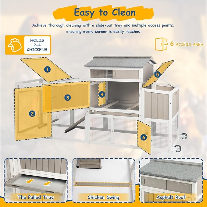 Wooden Chicken Coop with Wheels – Large Movable Outdoor Hen House with Waterproof Clear Sunlight Panel Roof, Nesting Box & Easy-Clean Tray – Spacious Backyard Poultry Tractor Grey