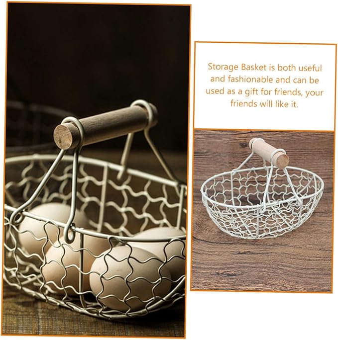 2pcs Vintage Style White Iron Wire Fruit Basket with Wooden Handles, Multi-function Metal Mesh Storage Baskets for Kitchen, Egg and Bread Organizer, Small Harvesting and Serving