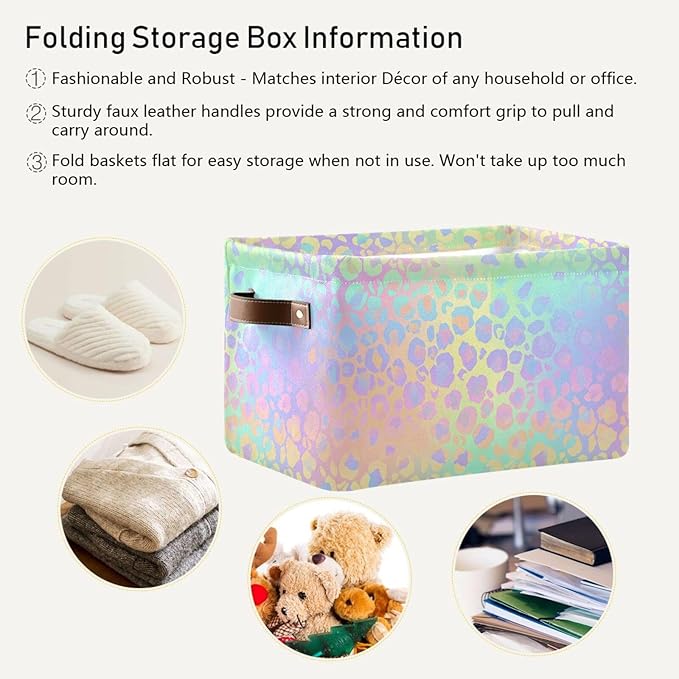JIPONI Rainbow Leopard Fabric Storage Bins for Shelves, Decorative Storage baskets for organizing, Closet Organizer with Handle for Cloth, Toys, Bedrooms, Farmhouse