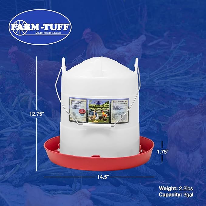 FARM-TUFF Plastic Easy Fill Poultry Waterer, 3 Gallon Capacity – Chicken and Game Bird Water Dispenser – Gravity-Fed Plastic Water Fountain for Hens, Ducks, Turkeys, and Backyard Flocks