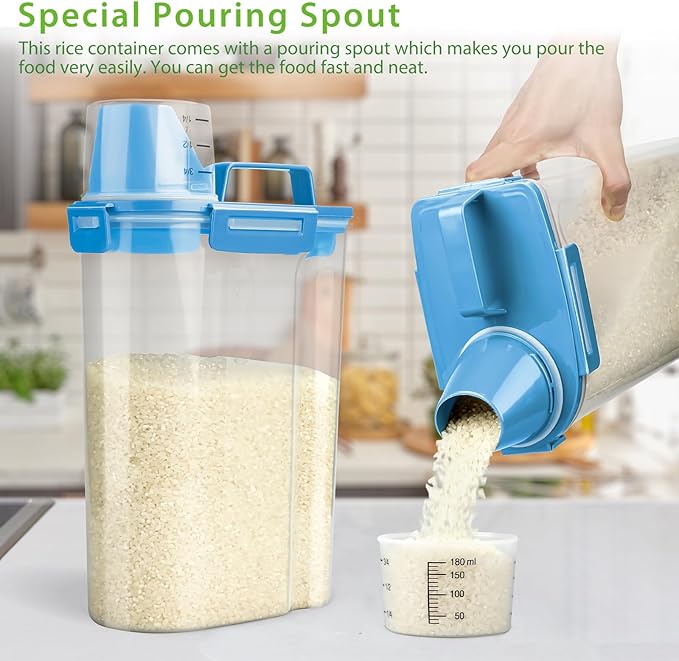 Rice Airtight Storage Container, 3 to 5Lbs Cereal Dry Food Flour Bin, Pet Dog Cat Food Dispenser with Measuring Cup, BPA Free Clear Plastic Kitchen and Pantry Organization Bin for Sugar, Pasta