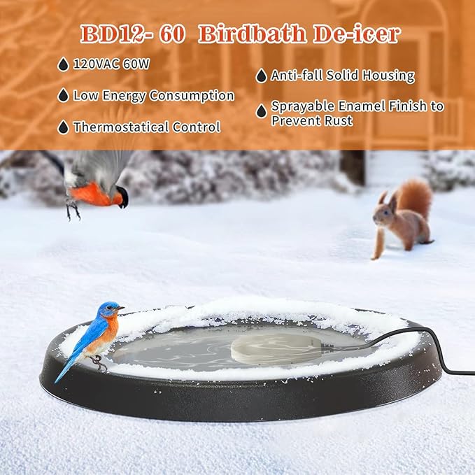 DIGITEN Birdbath Deicer Bird Bath Heater for Outdoors in Winter Thermostatically Controlled Chicken Water Heater Made of Heavy Duty Premium Cast Aluminum 60W Immersion Deicer for Garden Yard Lawn