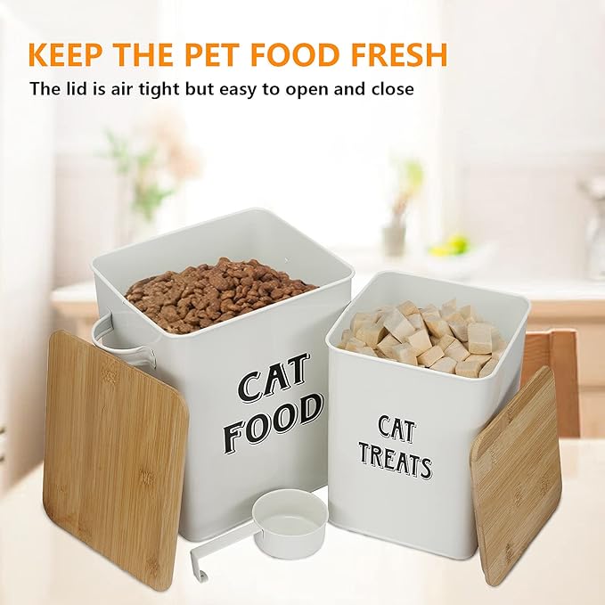 Cat Food Storage Container Farmhouse Pet Food Treats Bin with Lid and Scoop, Perfect Sturdy Canister Tins for Kitchen Countertop, Shelf, Great Gift for Pet Owners - Cat Food
