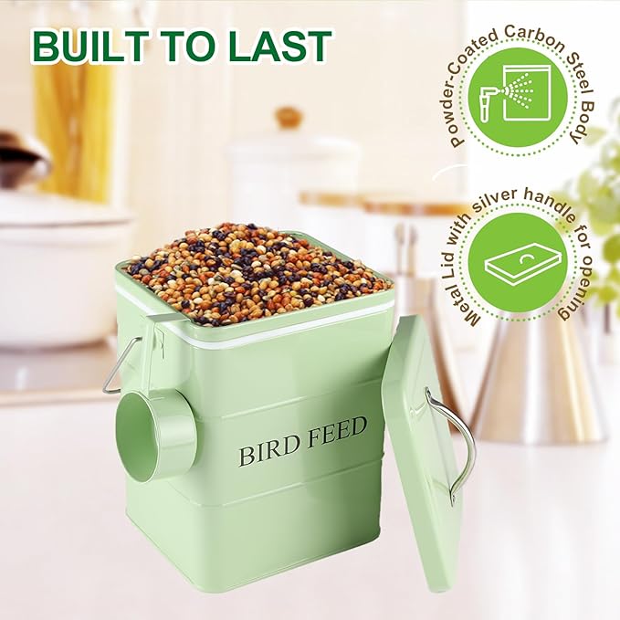 Bird Seed Storage Container Airtight,5~6LB Metal Bird Food Container with Scoop,Wild Bird Seed Tin for Storing Sunflower Seed-Ideal for Outdoor or Indoor-Squirrel proof -Green