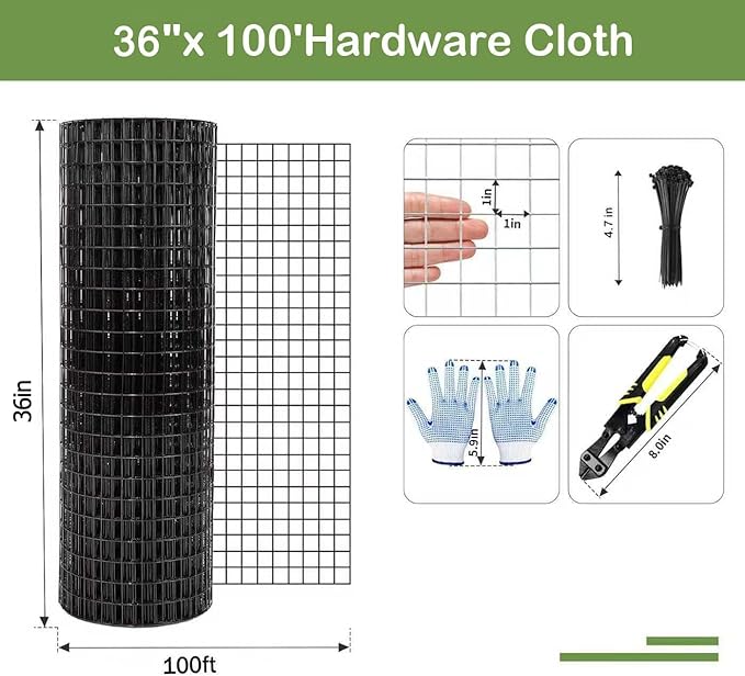 Tongmo 36" x 100' Black Hardware Cloth, 1inch Mesh Chicken Wire Fence, 19 Gauge Vinyl Coated Wire and Welded Wire Roll,Garden Fence, Poultry Netting for Rabbit/Duck/Chicken Coop