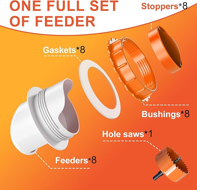 DIY Chicken Feeders No Waste, 8 Ports Poultry Feeder with Hole Saw for Buckets Troughs Orange