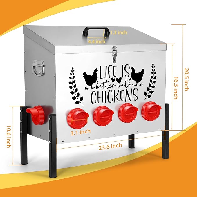 95 lb Chicken Feeder with 10 No-Waste Ports – Extra-Large Galvanized Metal Poultry Feeder with Adjustable Height Heavy-Duty Stand – Outdoor Feed Box for Chickens, Ducks & Geese