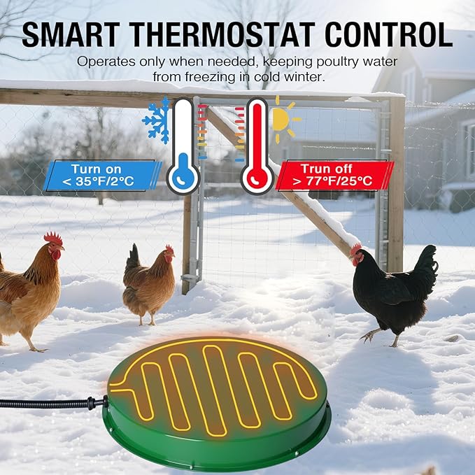Chicken Water Heater for Winter 12.4", 125W Thermostat Chicken Drinker Heater Base for 3–5 Gal Metal Plastic Poultry Waterer, Water Heater for Chickens Duck with 6.6' Power Cord (Green,2PACK)