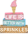 Geelin 4 Pieces Summer Ice Cream Table Wooden Decorations Ice Cream Wood Sign Centerpiece Home Decor Bar Party Decorations Blocks Tiered Tray Table Top Sign for Home