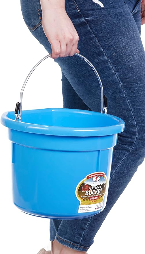 Little Giant® Flat Back Plastic Animal Feed Bucket | Animal Feed Bucket with Metal Handle | Horse Stall Feeding and Watering Supplies (Berry Blue, 8 Quart)