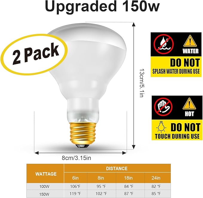 2Pack Reptile Heat Lamp Bulbs, 150W Reptile Heat Emitter Basking Spot Light, UVA Daylight Heat Lamp Bulbs for Chickens Coop Reptiles Pets Brooder Use