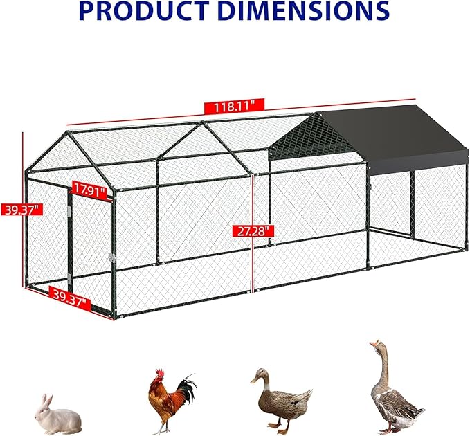 Large Metal Chicken Coop Run with Cover, 120"×40"×40" Portable Poultry Cage Walk in Hen House for Outdoor Chicken Rabbit Duck,Backyard Farm Animal Enclosure Crate Black