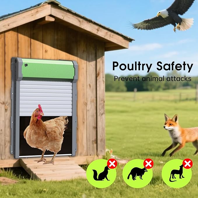 Automatic Chicken Coop Door Solar-Powered Chicken Coop Door with Remote Control - Smart Timer & Light Sensor, Anti-Pinch Safety Design, Large Weatherproof Entry for Poultry (Green)