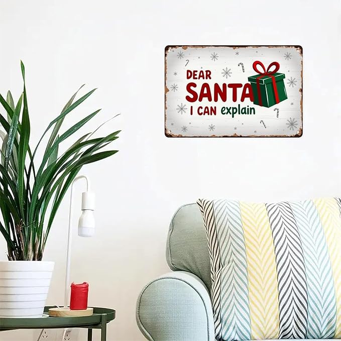 Dear Santa I Can Explain Tin Sign Vintage Christmas Santa Claus Metal Sign Print Aesthetic for Garden Yard Bar Porch Home Bedroom Kitchen Wall Decor Gift 8 X 12 in