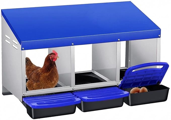 Chicken Nesting Boxes with Rollout Egg Collection – 3-Compartment Metal Hen Nest Box with Removable Trays, Slanted Roof & Ventilation, Wall Mount or Standing for Backyard Poultry Coop, Blue