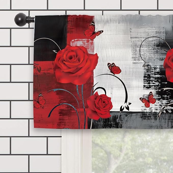 Black Red Rose Kitchen Curtain Valance 54W x 18L Inch Brushstroke Abstract Art Romantic Rod Pocket Short Cafe Small Window Treatment Drapes Decor