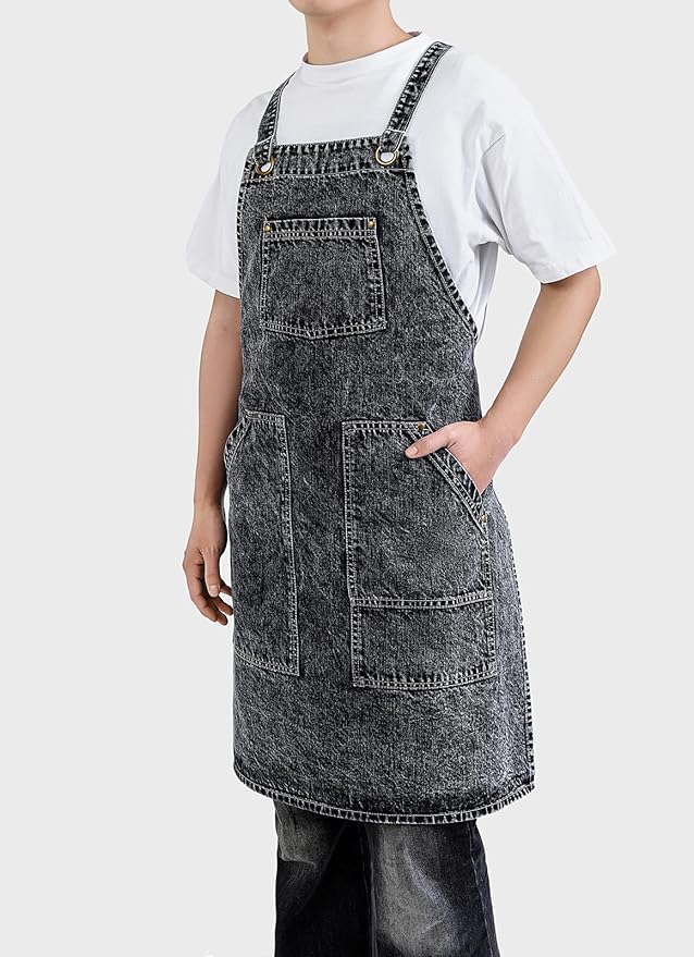 Cotton Denim Apron Soft - Unisex Adjustable Bib Apron with 5-Pockets Perfect for Kitchens