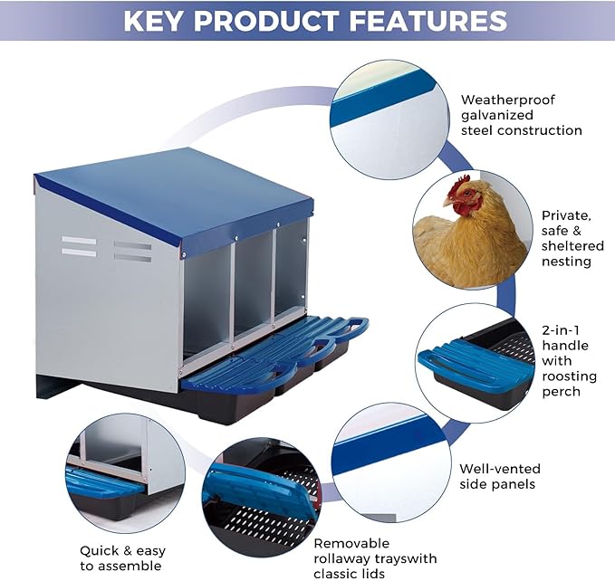 3/4-Hole Metal Chicken Nesting Box with Removable Roll-Out Tray - Easy Egg Collection & Clean Galvanized Steel Laying Box for Hens - for Backyard Coop & Poultry Farm Use