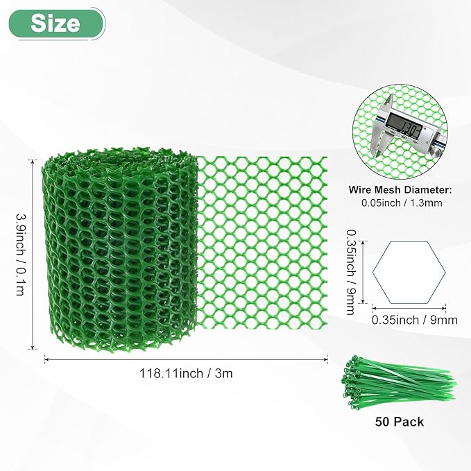 1-Pack Floral Chicken Wire Mesh, 3.9 in x 9.8 ft Plastic Hexagonal Chicken Wire Fencing with 50 Garden Ties for Crafts/Poultry Netting/Garden/Plant Protection [Green]