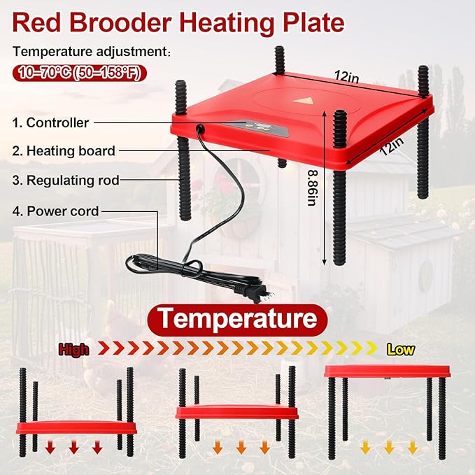 Retisee Chick Start Kit, All in One Brooder Kit Including 12" x 12" Heat Plate 150w Chicken Infrared Red Heat Lamp Feeder and Waterer Perch Flip Top Poultry Feeder for Newborn Livestock Duck Warm