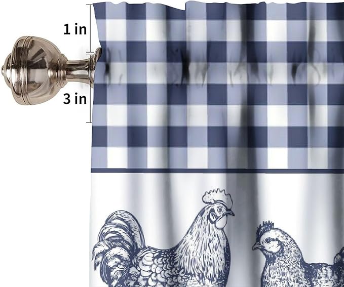 Farm Rooster Valance Curtains Rustic Retro Farmhouse Animals Blue White Buffalo Plaid Rod Pocket Curtain Valance for Kitchen Bedroom Living Room Decor 1 Panel W54xL18 Inch