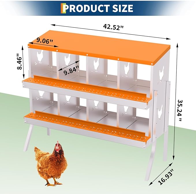 Chicken Nesting Boxes,8 Compartments Galvanized Steel Metal Laying Boxes with Leg,Pull-Out Egg Box Easy Egg Collection & Clean,Wall Mount Suitable for Farm Chicken House,Orange