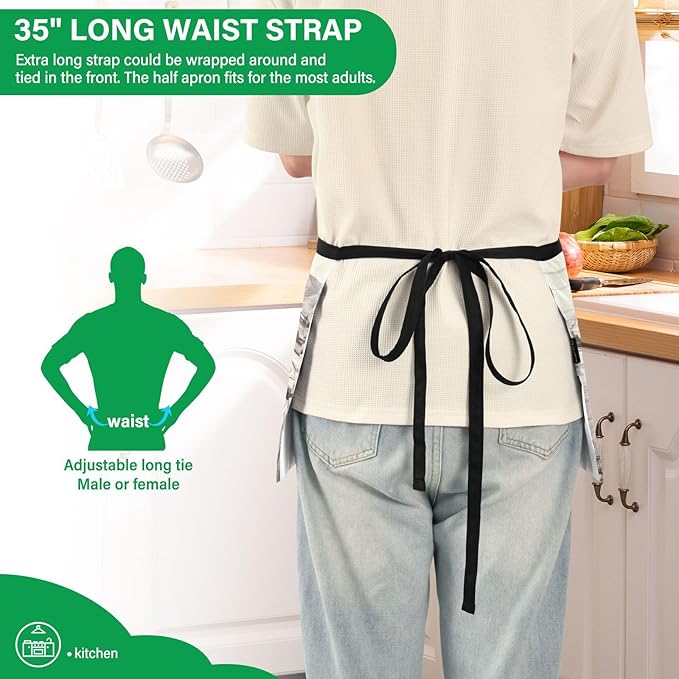 Server Apron with 3 Pockets, Nostalgic Farm Pattern 12 Inch Waist Apron for Waiters Gardeners, Waterproof Half Apron Waitress Apron