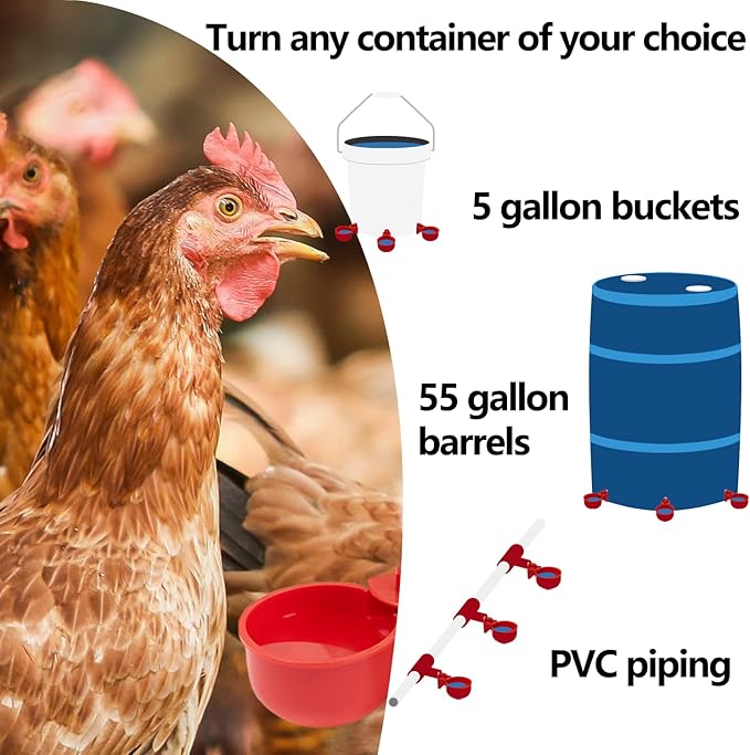 Chicken Waterer Cups 4 Pack Automatic Chicken Water Cups for Poultry LANARP Float Style Gravity Chicken Watering System Poultry Water Feeder Kit Chicken Waterer 5 Gallon with Mounting Hole Opener