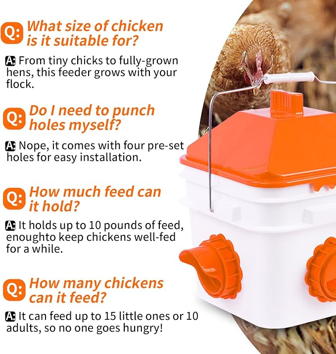 GUEOQTC-10 Pounds Chicken Feeder with 4 Ports, Rainproof Poultry Feeder for Up to 10 Adult Chickens or 15 Chicks（Patented Products）