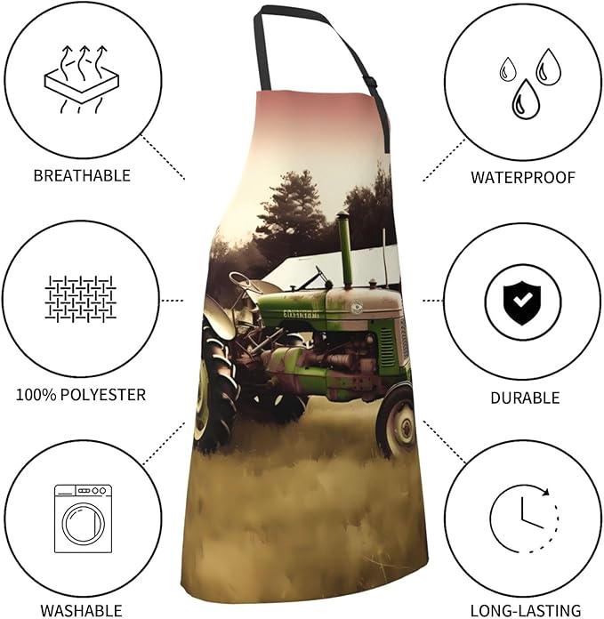 Old Tractor Photo Farm Cooking Aprons for Women Men Waterproof Bib Apron with Pockets Adjustable Kitchen Chef Apron
