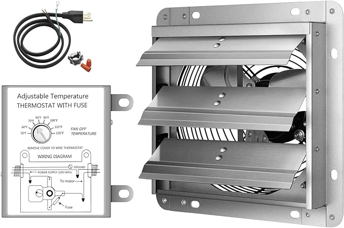 iPower 12 Inch Wall Mounted Shutter Exhaust Fan with Temperature Controller and Power Cord Kit, Aluminum, 1600 RPM, 940 CFM, for Attic, Garage, Louvered Vent, Plant, Greenhouse, Silver