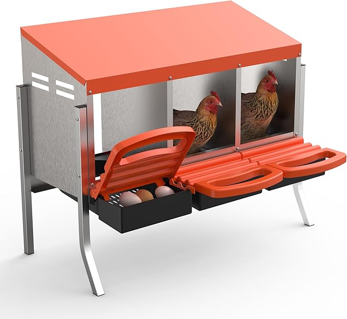 Chicken Nesting Boxes, 3 Hole Metal Rollaway Nest Box for Laying Hens with Cleanable Pull-Out Trays Wall Mount or Placed Design for Easy Egg Collection & Cleaning(Includes Legs)