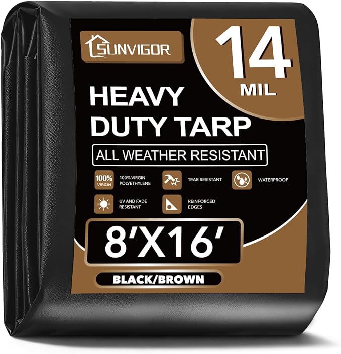 Sunvigor Tarp Waterproof 8x16Ft, Extra Thick 14 Mil Heavy Duty Tarp Cover, Tear & Fade Resistant, Outdoor Tarps with Brass Grommets and Reinforced Edges for Roof, Camping, Patio, Boat (Black/Brown)
