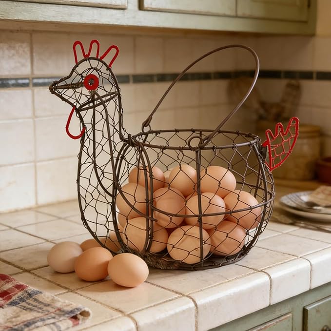 TAIANLE. Wire Chicken Egg Basket for Gathering Fresh Eggs, Rustic Rooster Shaped Egg Collecting Basket for Farm Fresh Eggs with Handle, Kitchen Countertop Storage, Vintage Farmhouse Decor Organizer