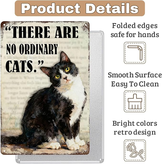 Funny Black Cat Tin Sign ‘There Are No Ordinary Cats’ Vintage Metal Wall Art 8x12 Inch Home Decor For Kitchen Bar Office For Cat Lovers Gift