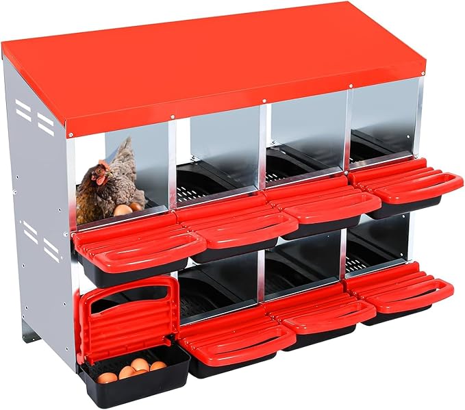 Chicken Nesting Boxes, 8 Holes Metal Chicken Egg Laying Box with Swing Perch and Rollout Egg Collection,for Various Chicken Breeds Without Stand - Red 0.6mm