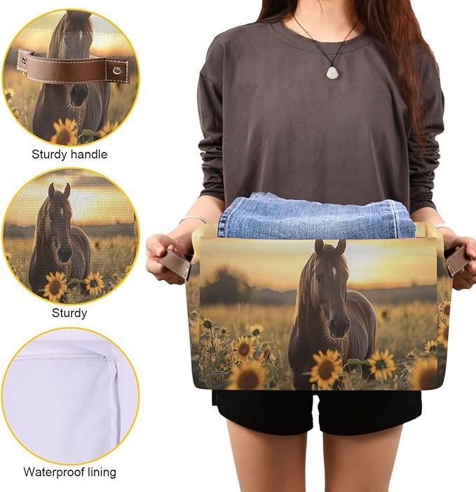 JIPONI Horse Sunflower Fabric Storage Bins for Shelves, Decorative Storage baskets for organizing, Closet Organizer with Handle for Cloth, Toys